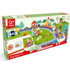 Hape - 4 In 1 Rescue Vehicle Jigsaw Puzzle With Cotton Bag